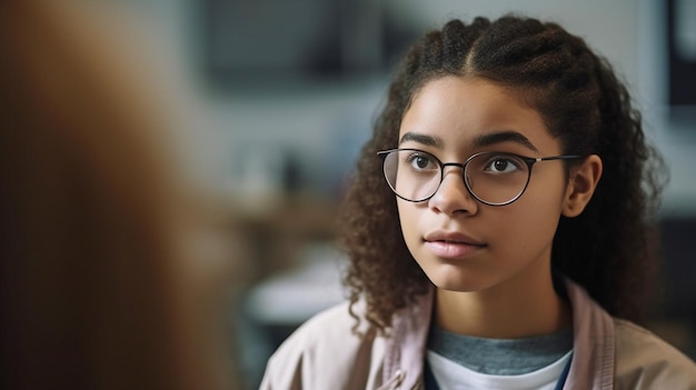 Retrato generativo de IA de un joven médico estadounidense que conversa con un paciente adolescente en una clínica