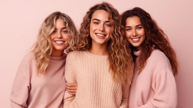 El retrato generativo de IA muestra a un grupo de mujeres jóvenes y delgadas con ropa interior beige sonriendo y posando frente a un fondo rosa