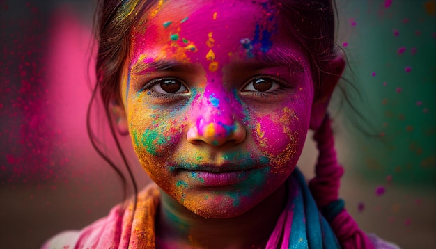 Retrato generativo de IA de una niña salpicada de pintura de colores durante la celebración india de los colores Holi