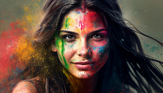 Retrato generativo de IA de una niña salpicada de pintura de colores durante la celebración india de los colores Holi