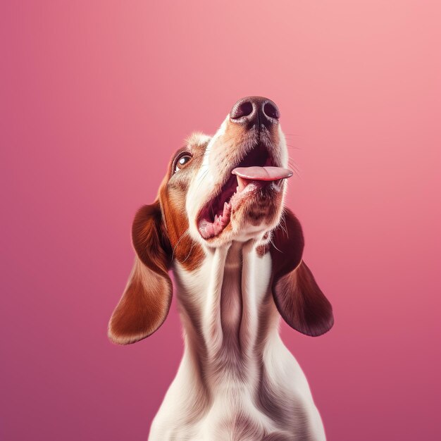 Foto retrato generativo de ia de un perro feliz mirando a la cámara con la boca abierta sobre un fondo rosado