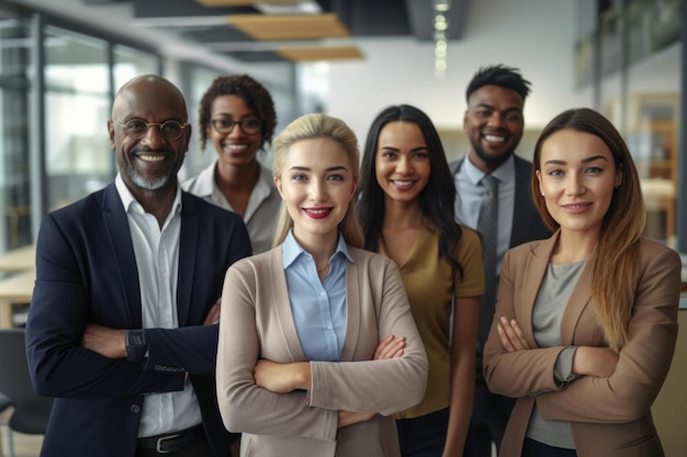 Retrato de gente de negocios feliz de pie como un equipo en la oficina Concepto de trabajo en equipo IA generativa