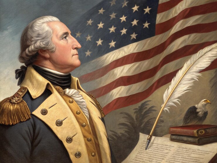 Un retrato de George Washington en traje militar de pie con orgullo con una expresión seria