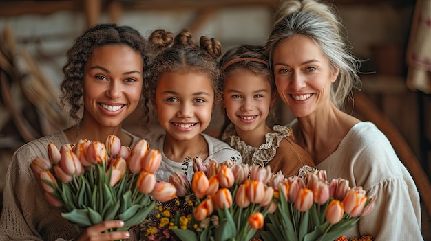 Retrato geracional de família feminina comemorando o Dia Internacional da Mulher