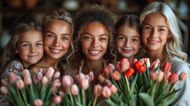 Foto retrato geracional de família feminina comemorando o dia internacional da mulher