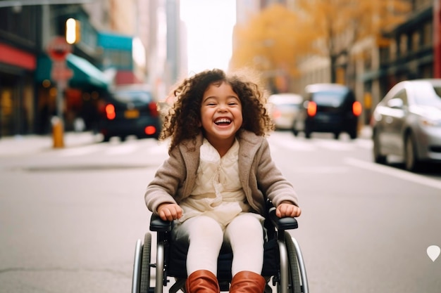 Retrato gerado por IA de criança autêntica, alegre, feliz, deficiente, cadeira de rodas, queda ao ar livre