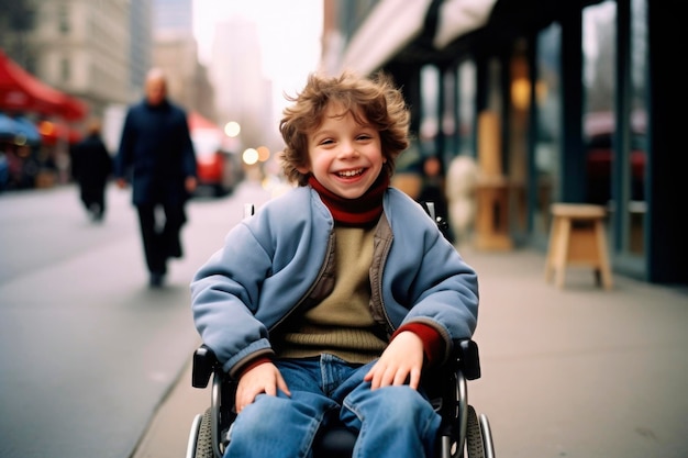 Retrato gerado por IA de uma criança com deficiência, sincera, autêntica, alegre e feliz, cadeira de rodas ao ar livre