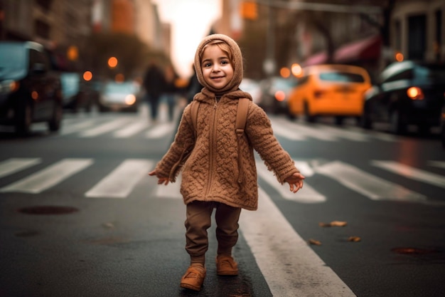 Retrato gerado por IA de uma criança muçulmana feliz, autêntica e sincera no fundo da rua urbana