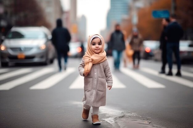 Retrato gerado por IA de uma criança muçulmana feliz, autêntica e sincera no fundo da rua urbana