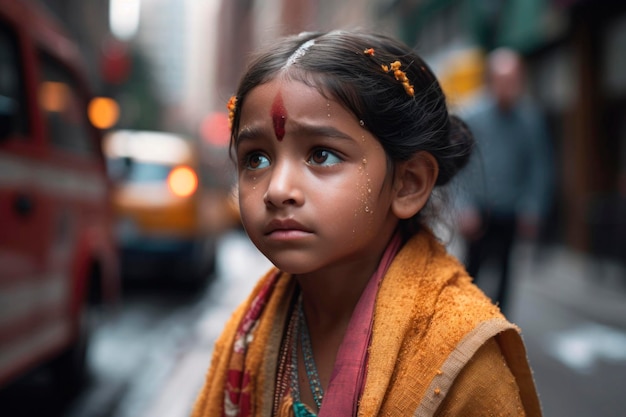 Retrato gerado por IA de uma garotinha indiana sincera e autêntica no fundo da rua urbana