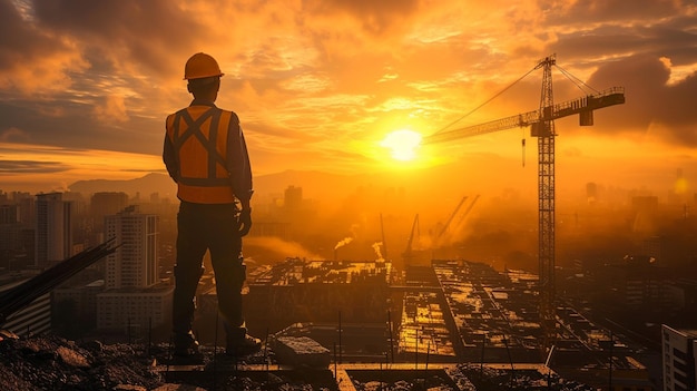 Retrato de un gerente de construcción satisfecho con chaleco de seguridad y casco azul