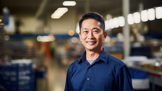 Retrato del gerente de una ferretería asiática Jefe con camisa azul oscuro IA generativa