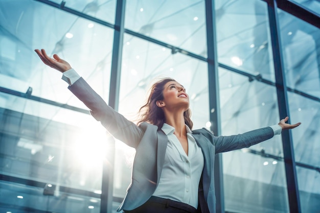 Un retrato de una gerente o directora ejecutiva segura y feliz que representa el éxito de las mujeres en roles de liderazgo.