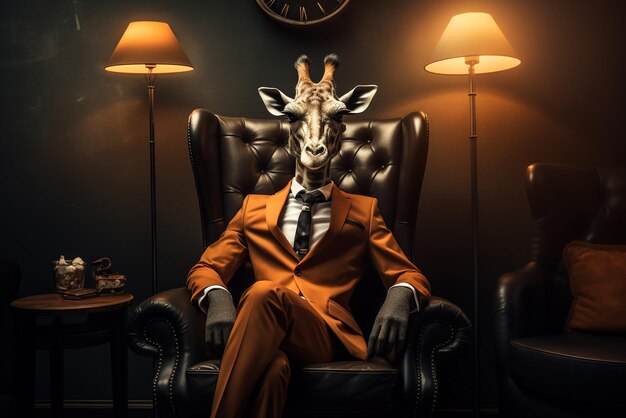 Foto retrato de una girafa jefe elegante con traje de negocios y sentada en una silla de cuero.
