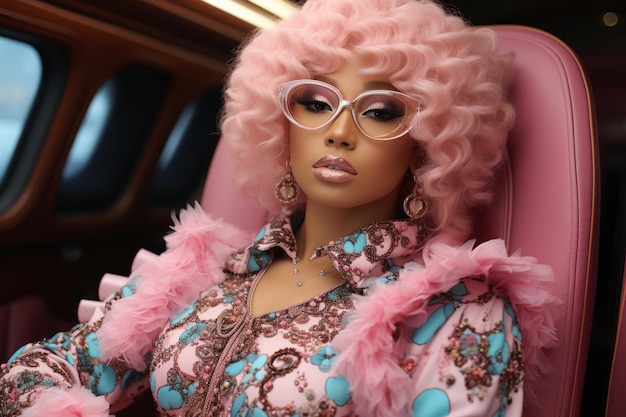 Retrato de una glamorosa chica caucásica con una peluca rosa gafas elegantes y un traje de brillo con