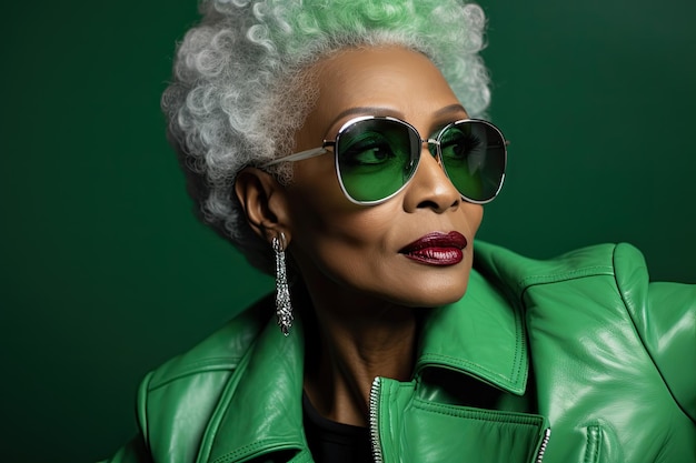 Retrato glamoroso de una anciana afroamericana con gafas verdes y chaqueta verde