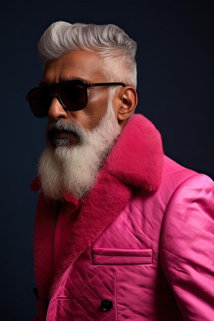 Retrato glamoroso de um homem idoso com barba usando óculos vestidos com roupas cor de rosa
