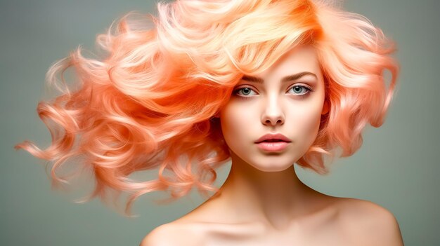 Retrato de glamour de una hermosa mujer joven con un estandarte de cabello de color melocotón