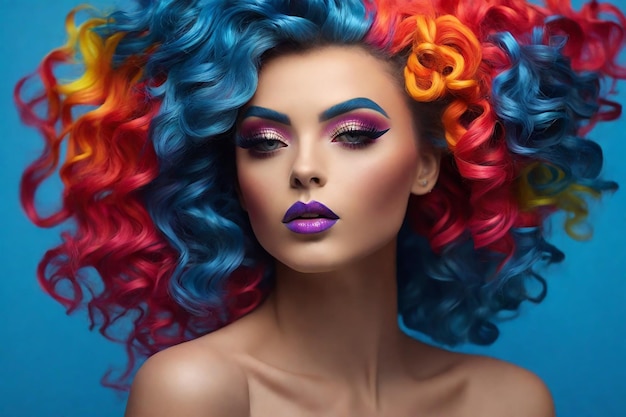Retrato glamouroso de uma bela jovem com maquiagem brilhante e um penteado louco de cores arco-íris