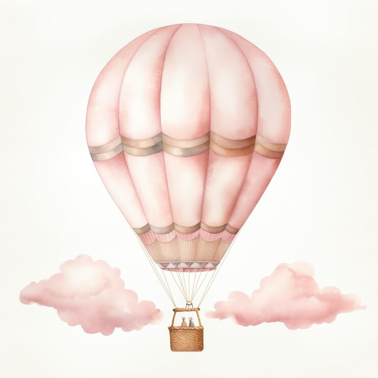 Retrato de un globo de aire caliente en rojo con nubes alrededor en colores apagados
