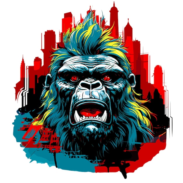 Retrato de un gorila gigante enojado y aterrorizado en las calles de una metrópolis en un estilo de arte pop vectorial plantilla para pegatina de camiseta, etc.