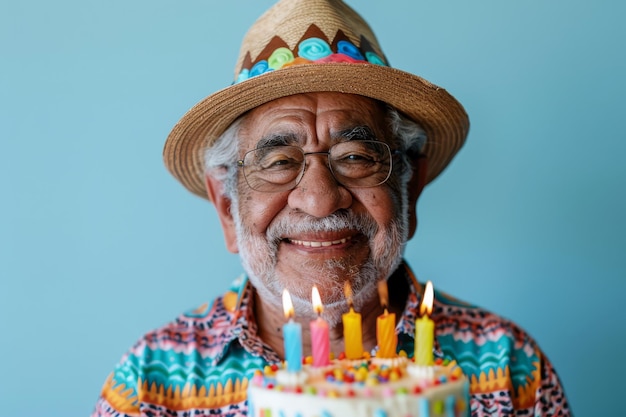 Retrato gracioso del abuelo hispano en sombrero de cumpleaños con pastel y velas encendidas sobre fondo azul