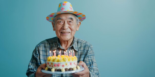 Foto retrato gracioso del abuelo vietnamita con sombrero de cumpleaños con pastel y velas encendidas