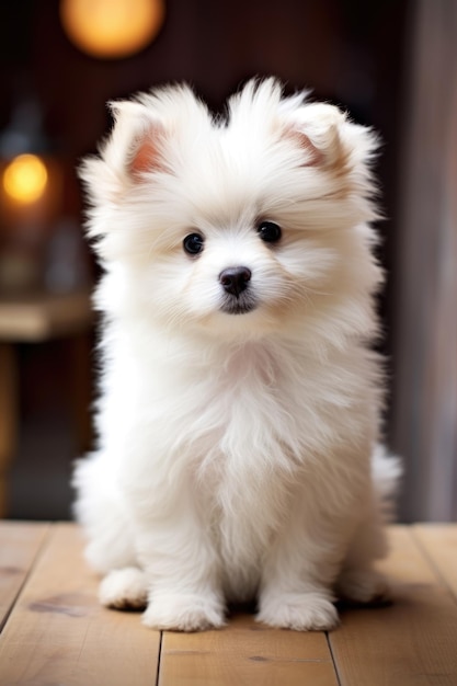 Retrato gracioso de un cachorro blanco y esponjoso de un perro foto vertical generada por ai