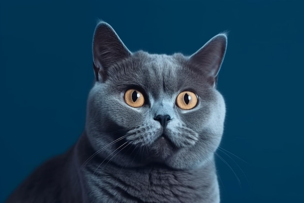 Retrato gracioso de gato británico de pelo corto que parece conmocionado o sorprendido aislado azul generativo ai