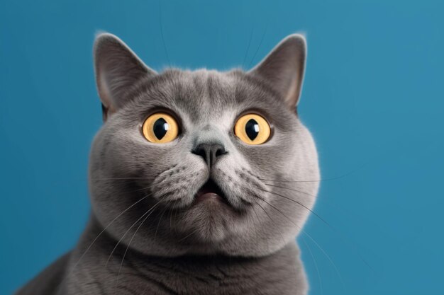 Retrato gracioso de gato británico de pelo corto que parece conmocionado o sorprendido aislado azul generativo ai