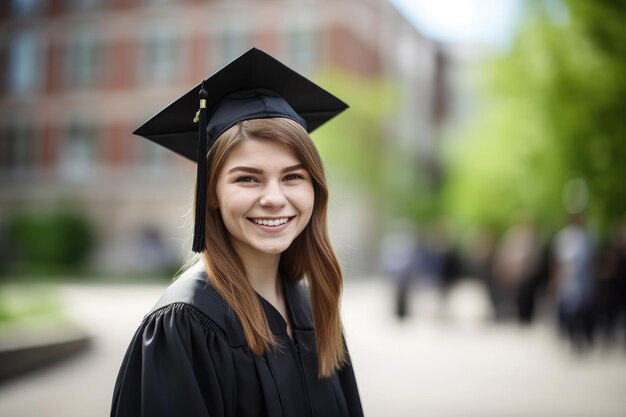 Retrato de una graduada universitaria sonriente fuera del campus creado con IA generativa