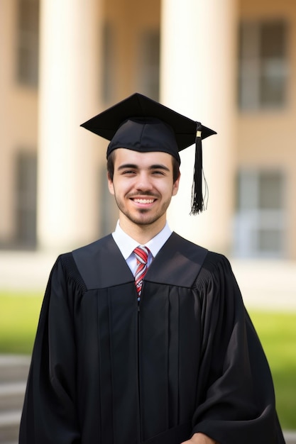 retrato de un graduado feliz parado frente a su universidad creado con ai generativo