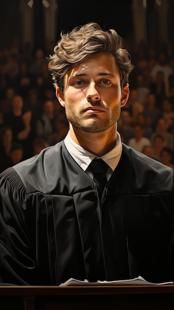 Foto retrato de un graduado que da su discurso en el escenario durante la ceremonia de graduación