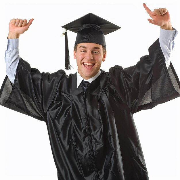 Foto retrato de un graduado sonriente con gorra y bata