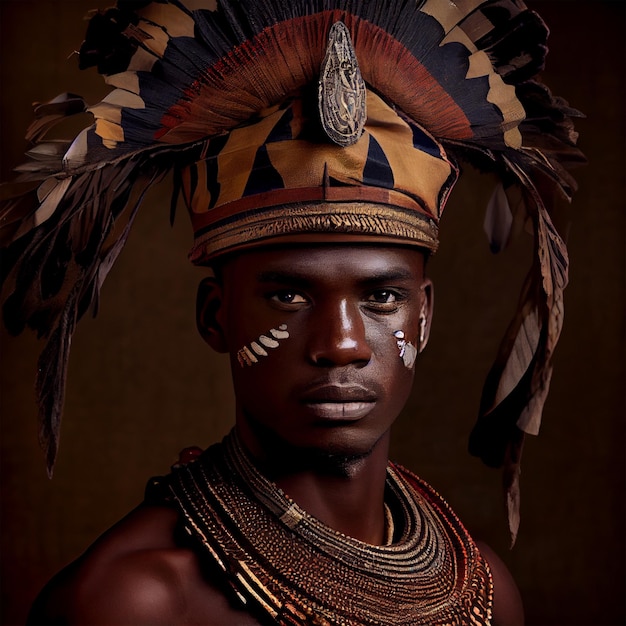 Retrato de gráficos realistas de un hombre africano con fuertes rasgos faciales en ropa nacional Imagen generada por IA