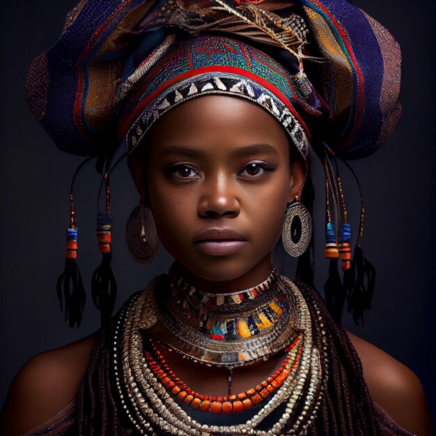 Retrato de gráficos realistas de una mujer africana con fuertes rasgos faciales en ropa nacional Imagen generada por IA