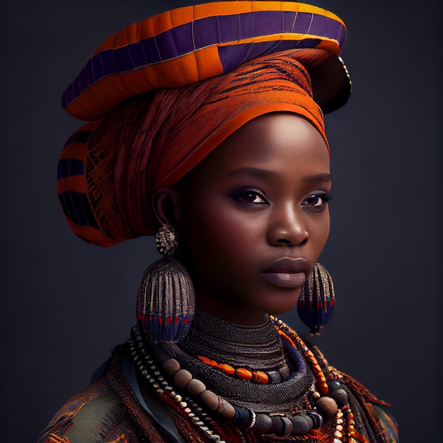 Retrato de gráficos realistas de una mujer africana con fuertes rasgos faciales en ropa nacional Imagen generada por IA