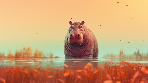 Retrato de un gran hipopótamo macho contra el río de la sabana Ai Generative