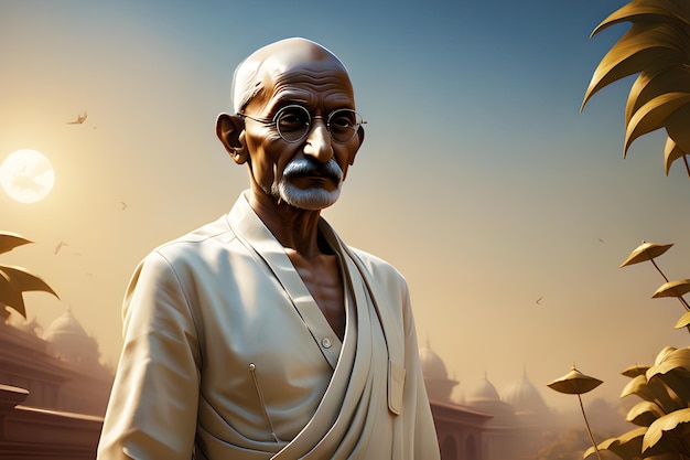 un retrato del gran Mahatma Gandhi de la India con un plano cercano y pacífico gen ai