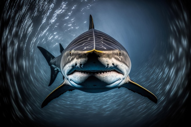 Retrato de un gran tiburón cazando bajo el agua