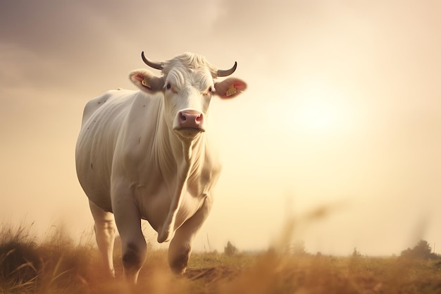 Retrato de una gran vaca blanca por la mañana