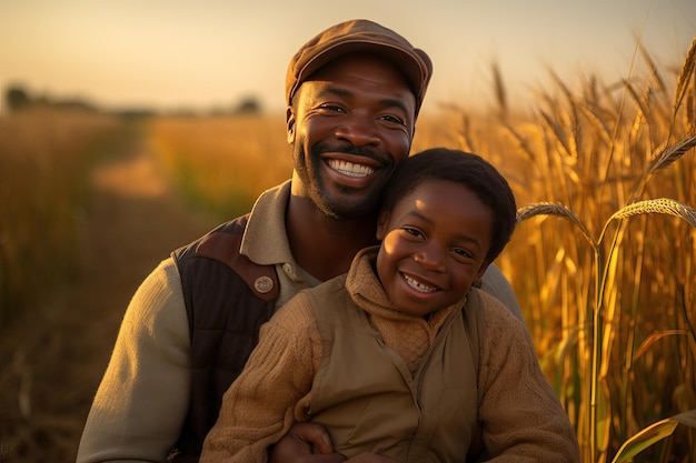 Retrato de un granjero afroamericano sonriente con un hijo pequeño frente a su campo de trigo