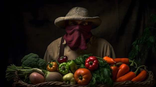 Retrato de un granjero con una cesta de verduras en un estilo dramático de Caravaggio inspirado en el mijo