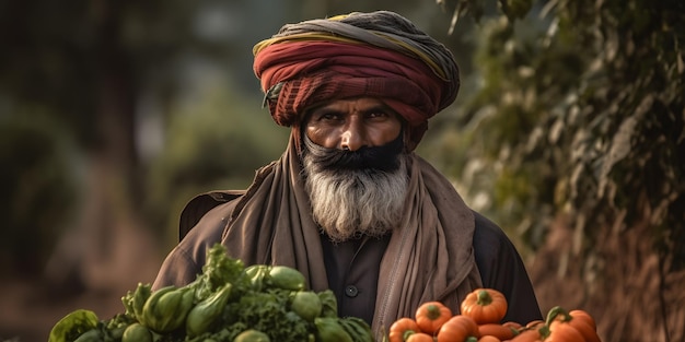 Retrato de un granjero indio guapo en medio de una pila de verduras inspirado en el estilo de Steve McCurry por Matthias Weischer