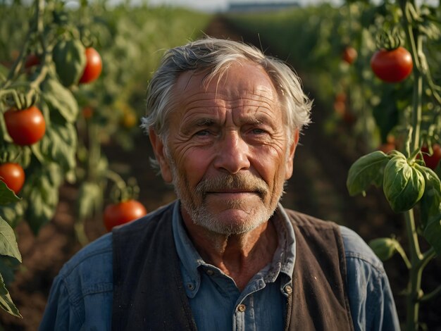 Retrato de un granjero en una plantación de tomates