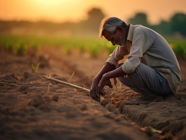 Retrato de un granjero con una plántula en el campo al atardecer