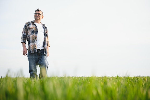 Foto retrato de granjero senior de pie en campo de trigo verde