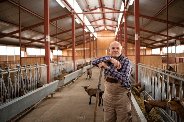 Retrato de granjero senior de pie en la granja cuidando y alimentando a los animales domésticos