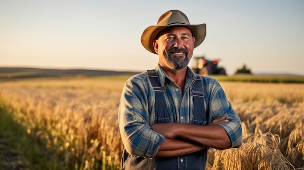 Retrato de un granjero con el telón de fondo de sus campos