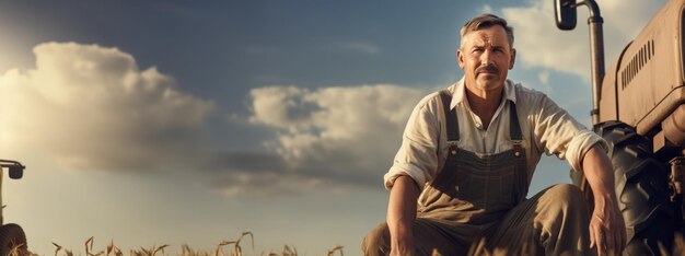 Retrato de granjero con tractor con espacio de copia IA generativa